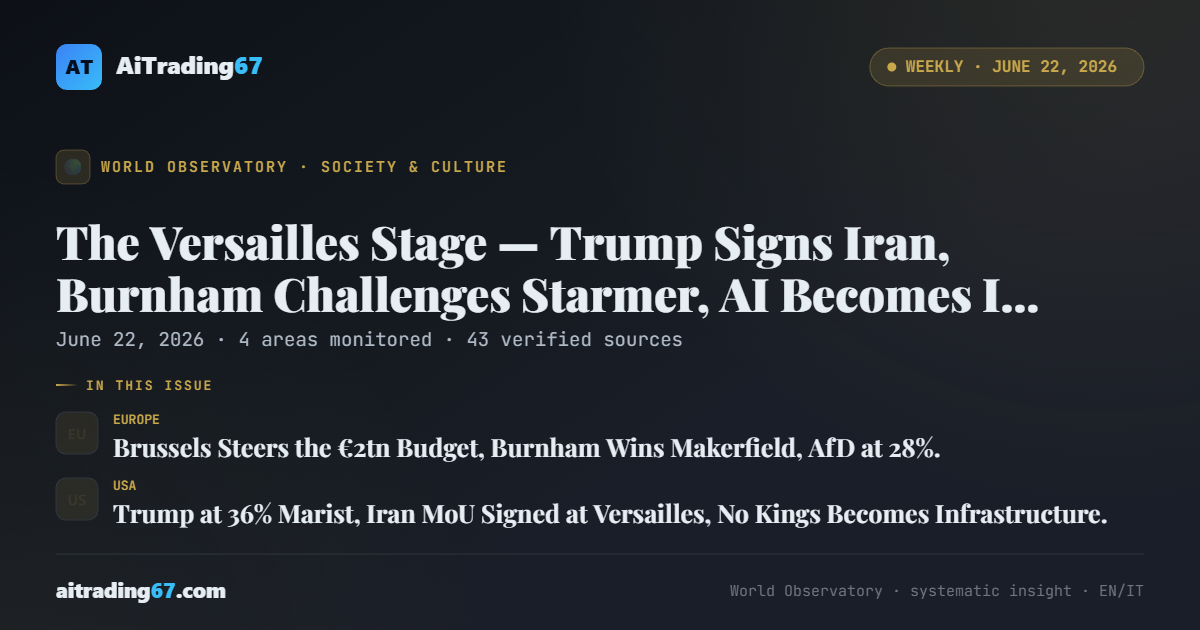The Versailles Stage — Trump Signs Iran, Burnham Challenges Starmer, AI Becomes Infrastructure