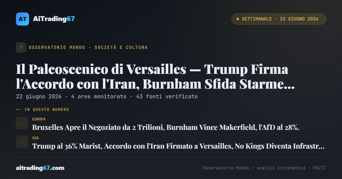 Il Palcoscenico di Versailles — Trump Firma l'Accordo con l'Iran, Burnham Sfida Starmer, l'IA Diventa Infrastruttura