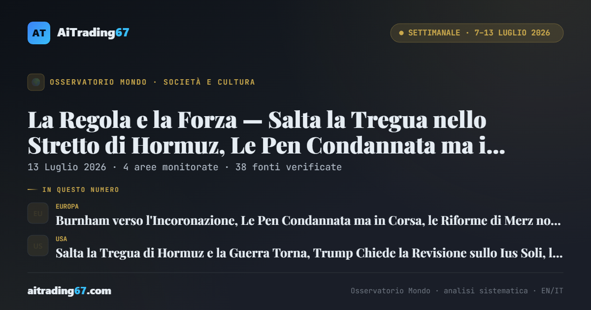 La Regola e la Forza — Salta la Tregua nello Stretto di Hormuz, Le Pen Condannata ma in Corsa, Burnham verso l'Incoronazione