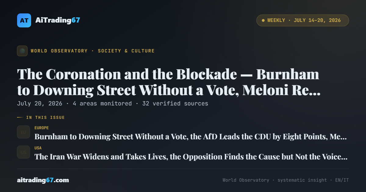 The Coronation and the Blockade — Burnham to Downing Street Without a Vote, Meloni Rewrites the Electoral Law, the Iran War Widens