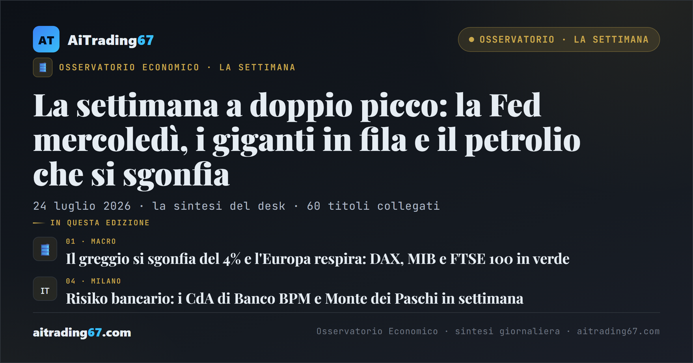 La settimana a doppio picco: la Fed mercoledì, i giganti in fila e il petrolio che si sgonfia