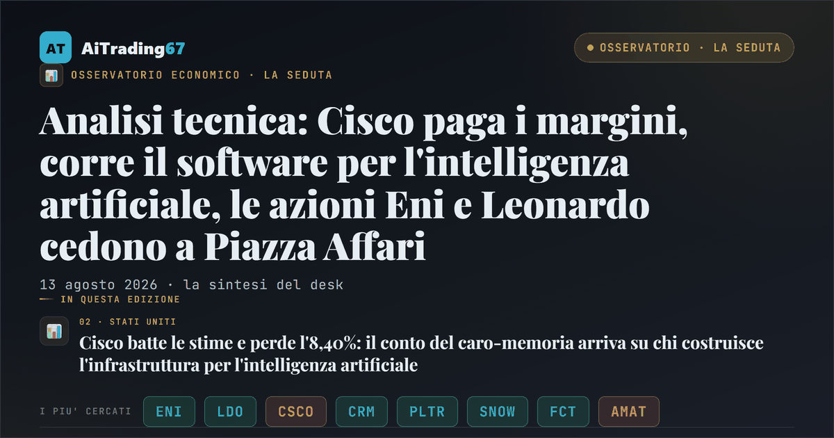 Analisi tecnica: Cisco paga i margini, corre il software per l'intelligenza artificiale, le azioni Eni e Leonardo cedono a Piazza Affari