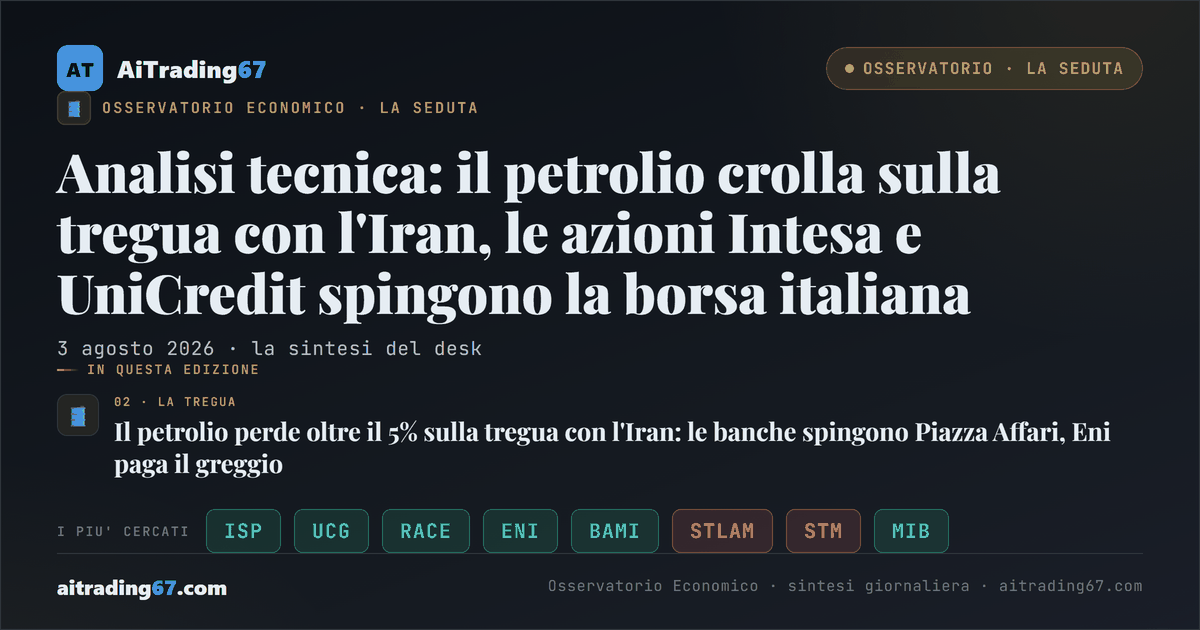Analisi tecnica: il petrolio crolla sulla tregua con l'Iran, le azioni Intesa e UniCredit spingono la borsa italiana