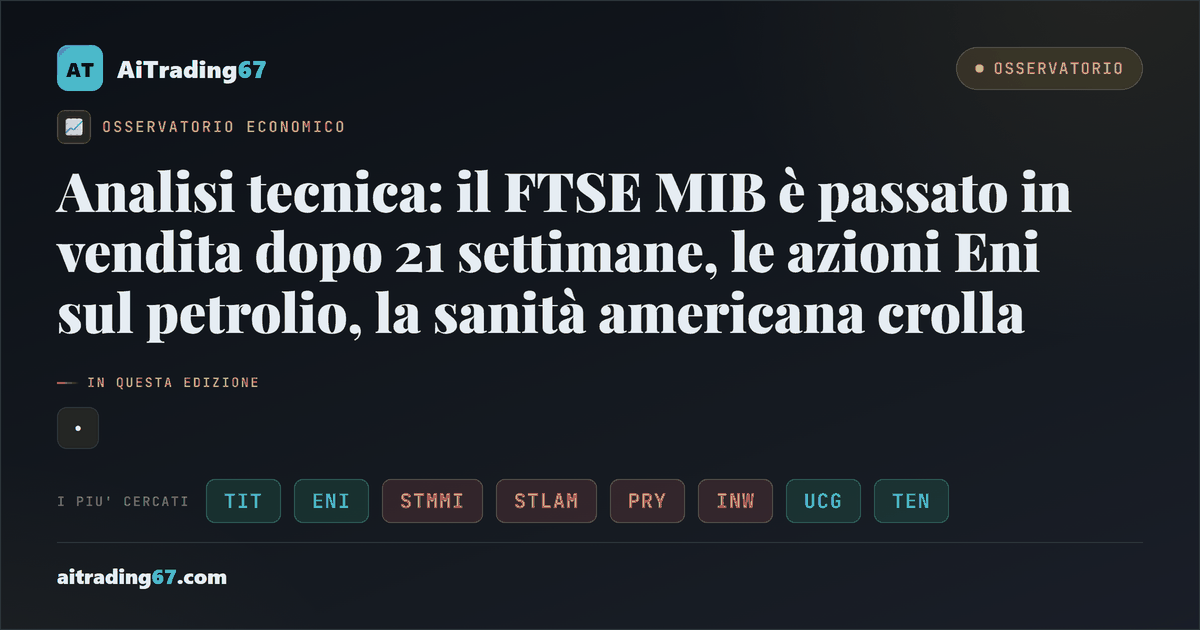 Analisi tecnica: il FTSE MIB è passato in vendita dopo 21 settimane, le azioni Eni sul petrolio, la sanità americana crolla