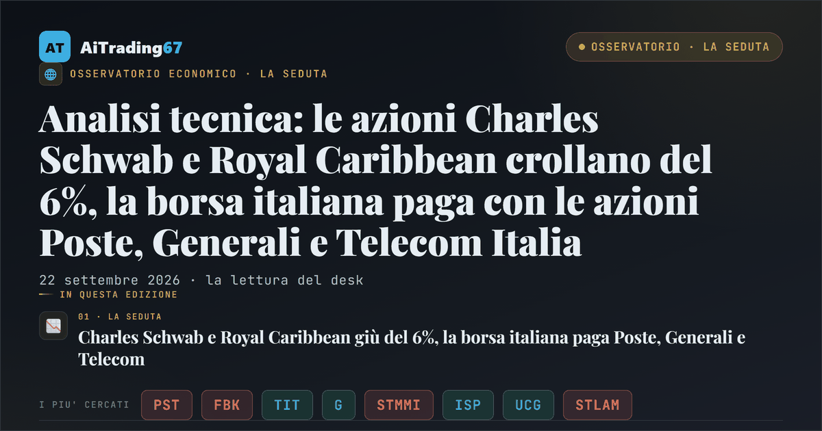 Analisi tecnica: le azioni Charles Schwab e Royal Caribbean crollano del 6%, la borsa italiana paga con le azioni Poste, Generali e Telecom Italia