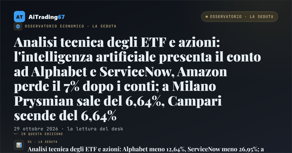 Analisi tecnica degli ETF e azioni: l'intelligenza artificiale presenta il conto ad Alphabet e ServiceNow, Amazon perde il 7% dopo i conti; a Milano Prysmian sale del 6,64%, Campari scende del 6,64%