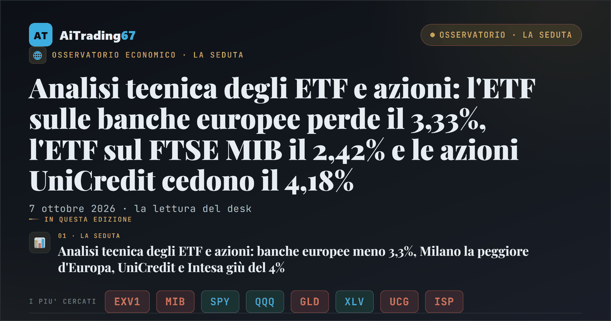 Analisi tecnica degli ETF e azioni: l'ETF sulle banche europee perde il 3,33%, l'ETF sul FTSE MIB il 2,42% e le azioni UniCredit cedono il 4,18%