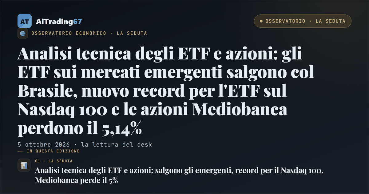 Analisi tecnica degli ETF e azioni: gli ETF sui mercati emergenti salgono col Brasile, nuovo record per l'ETF sul Nasdaq 100 e le azioni Mediobanca perdono il 5,14%