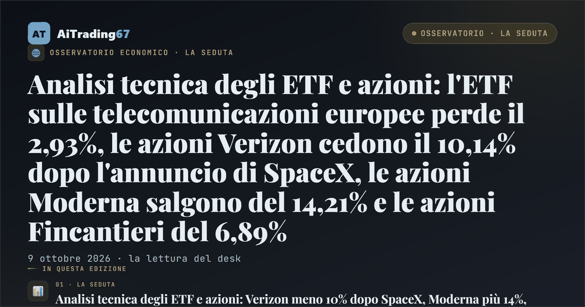 Analisi tecnica degli ETF e azioni: l'ETF sulle telecomunicazioni europee perde il 2,93%, le azioni Verizon cedono il 10,14% dopo l'annuncio di SpaceX, le azioni Moderna salgono del 14,21% e le azioni Fincantieri del 6,89%