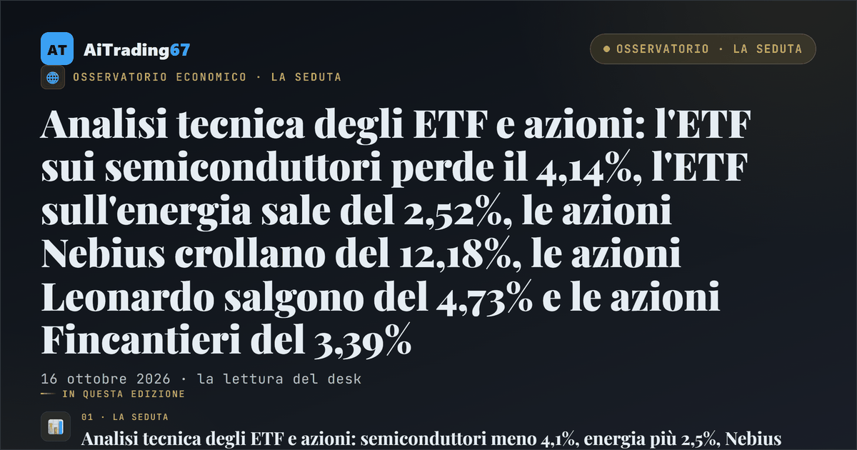 Analisi tecnica degli ETF e azioni: l'ETF sui semiconduttori perde il 4,14%, l'ETF sull'energia sale del 2,52%, le azioni Nebius crollano del 12,18%, le azioni Leonardo salgono del 4,73% e le azioni Fincantieri del 3,39%