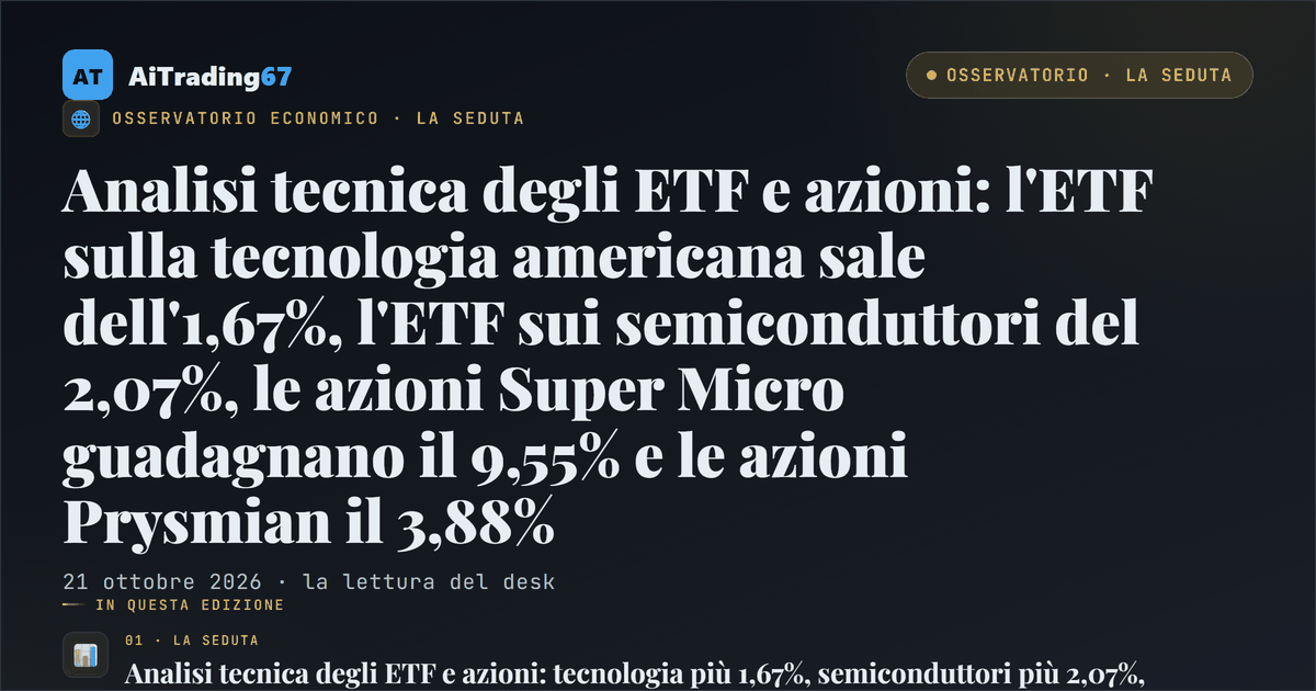 Analisi tecnica degli ETF e azioni: l'ETF sulla tecnologia americana sale dell'1,67%, l'ETF sui semiconduttori del 2,07%, le azioni Super Micro guadagnano il 9,55% e le azioni Prysmian il 3,88%