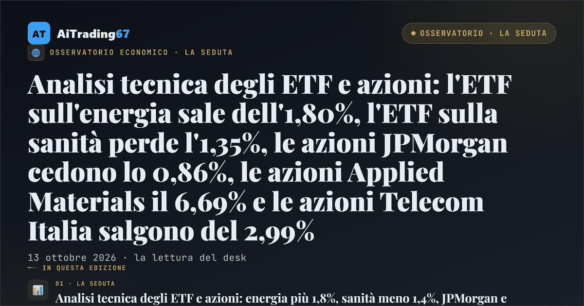 Analisi tecnica degli ETF e azioni: l'ETF sull'energia sale dell'1,80%, l'ETF sulla sanità perde l'1,35%, le azioni JPMorgan cedono lo 0,86%, le azioni Applied Materials il 6,69% e le azioni Telecom Italia salgono del 2,99%