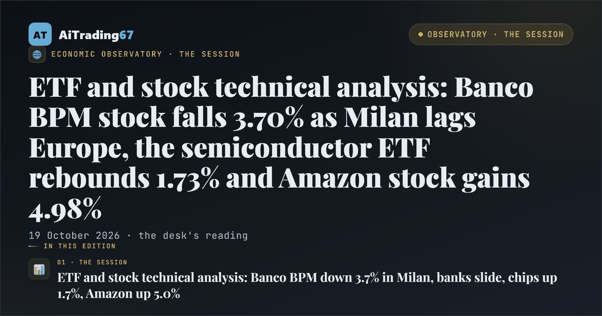 ETF and stock technical analysis: Banco BPM stock falls 3.70% as Milan lags Europe, the semiconductor ETF rebounds 1.73% and Amazon stock gains 4.98%