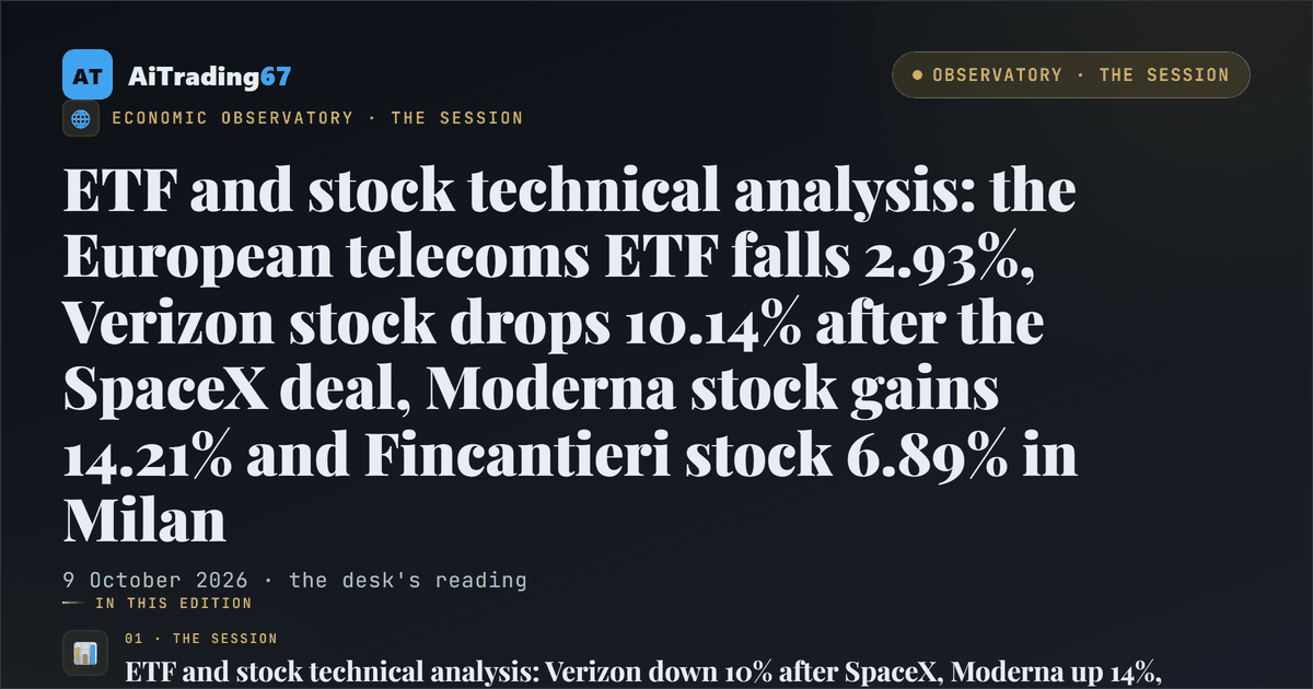 ETF and stock technical analysis: the European telecoms ETF falls 2.93%, Verizon stock drops 10.14% after the SpaceX deal, Moderna stock gains 14.21% and Fincantieri stock 6.89% in Milan