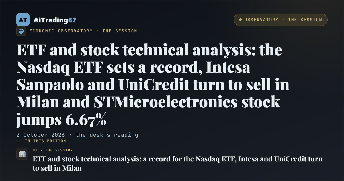 ETF and stock technical analysis: the Nasdaq ETF sets a record, Intesa Sanpaolo and UniCredit turn to sell in Milan and STMicroelectronics stock jumps 6.67%