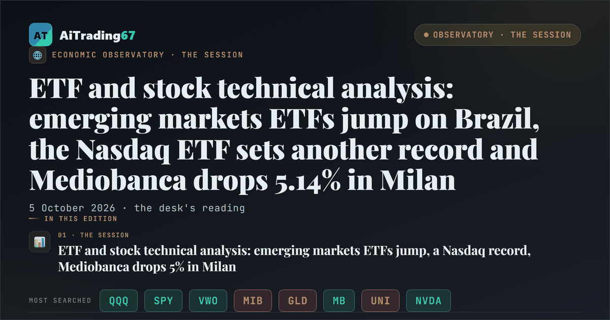 ETF and stock technical analysis: emerging markets ETFs jump on Brazil, the Nasdaq ETF sets another record and Mediobanca drops 5.14% in Milan