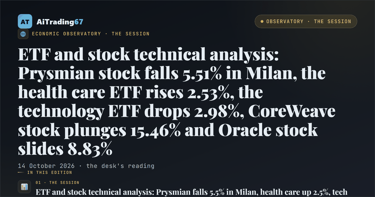 ETF and stock technical analysis: Prysmian stock falls 5.51% in Milan, the health care ETF rises 2.53%, the technology ETF drops 2.98%, CoreWeave stock plunges 15.46% and Oracle stock slides 8.83%
