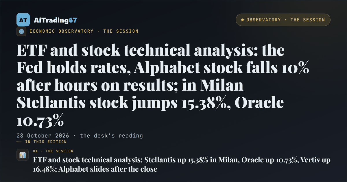 ETF and stock technical analysis: the Fed holds rates, Alphabet stock falls 10% after hours on results; in Milan Stellantis stock jumps 15.38%, Oracle 10.73%