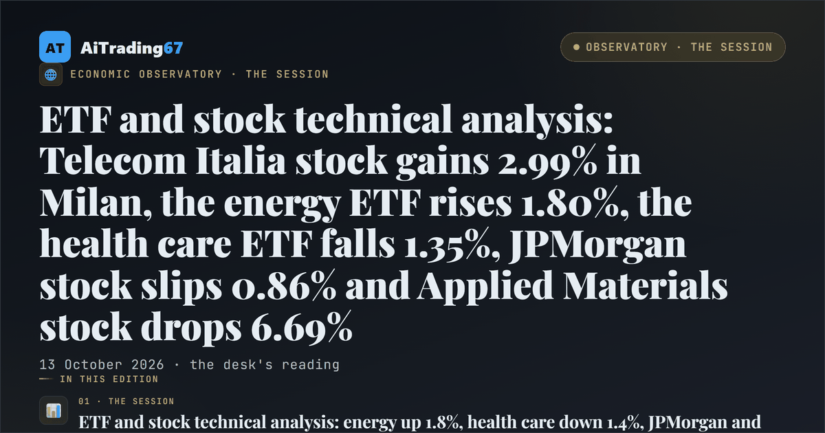 ETF and stock technical analysis: Telecom Italia stock gains 2.99% in Milan, the energy ETF rises 1.80%, the health care ETF falls 1.35%, JPMorgan stock slips 0.86% and Applied Materials stock drops 6.69%