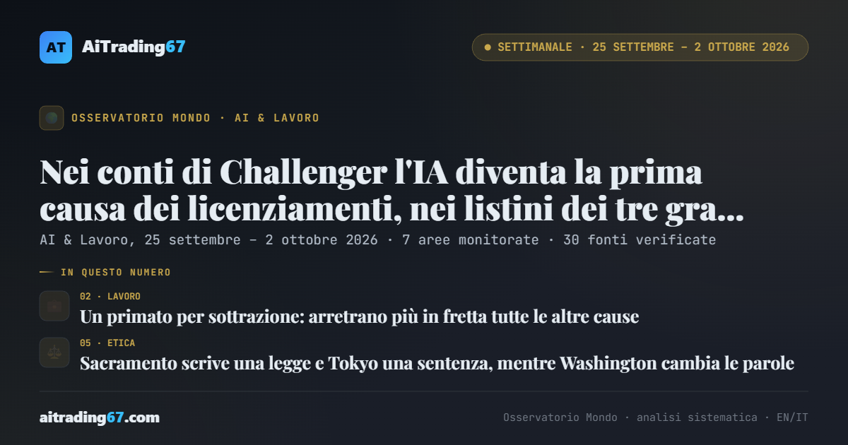 Nei conti di Challenger l'IA diventa la prima causa dei licenziamenti, nei listini dei tre grandi laboratori il prezzo tocca lo stesso minimo · AI & Lavoro, 25 settembre – 2 ottobre 2026